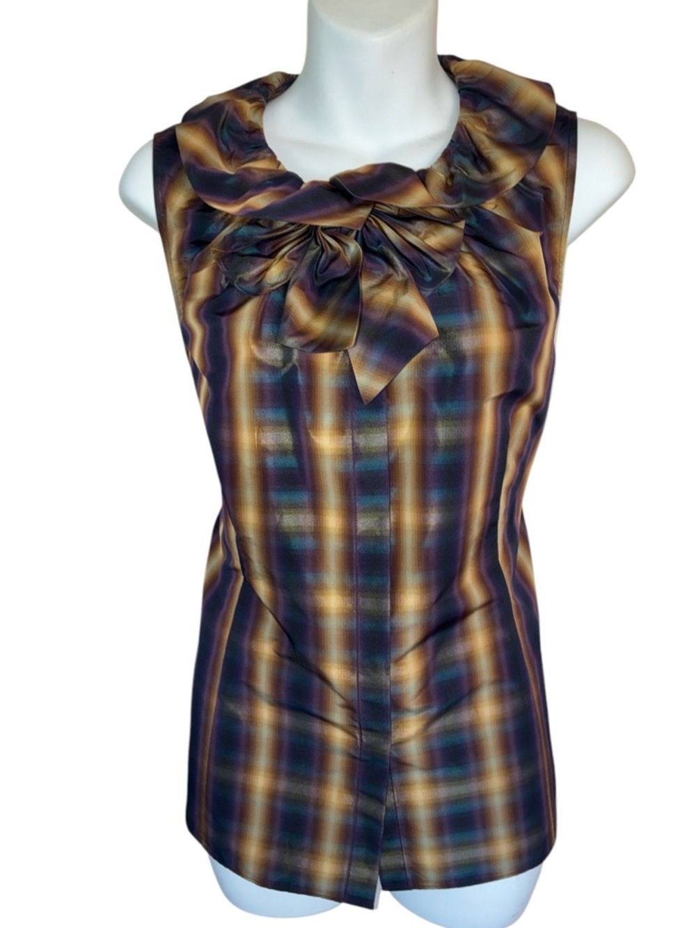 Lafayette 148 New York Blouse Women 12 Sleeveless Plaid Bow, Navy/Brown/Gold EUC